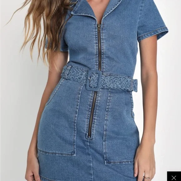 Distinct Icon Medium Wash Denim Belted Mini Dress With Pockets - Picture 2 of 3